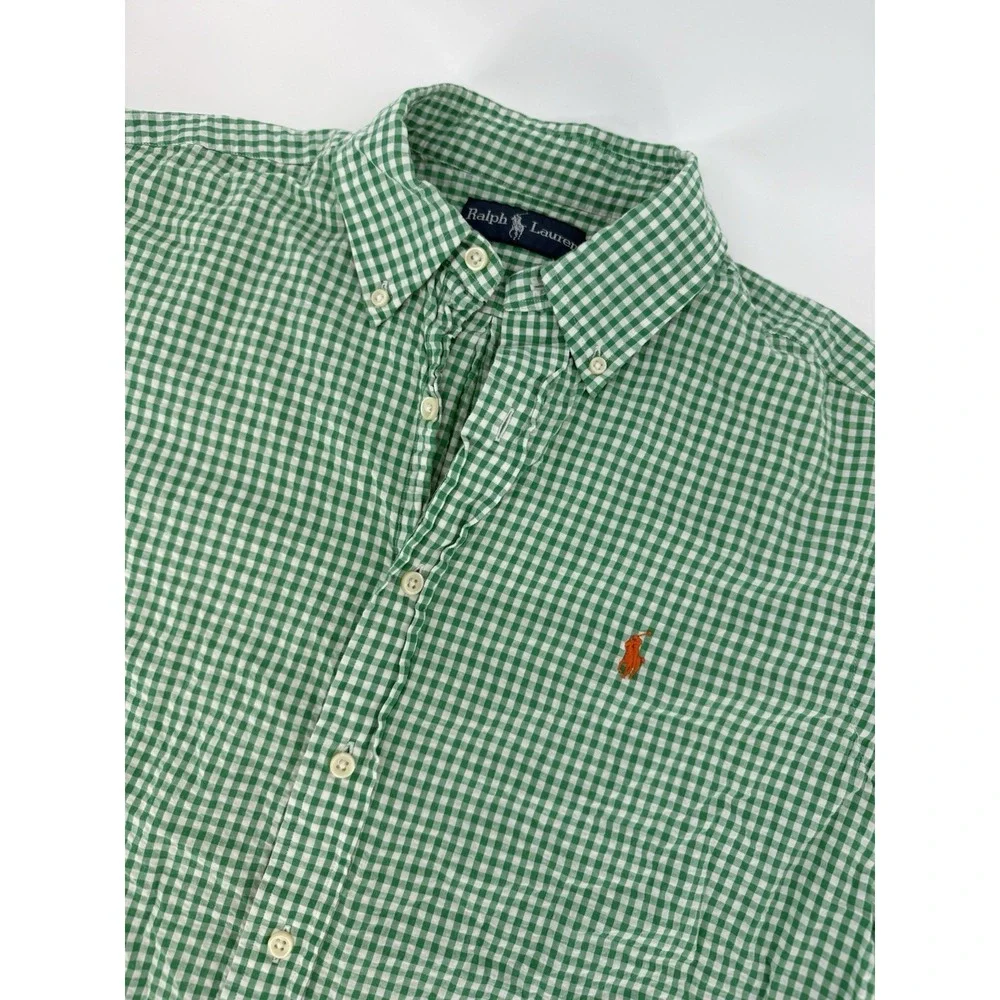 Polo Ralph Lauren Men 100% Cotton Long Sleeve Shirt Size L Gingham‎ Green Preppy